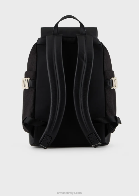 erkekler Armani deri detaylı geri dönüştürülmüş fitilli sırt çantası siyah T8HD1946