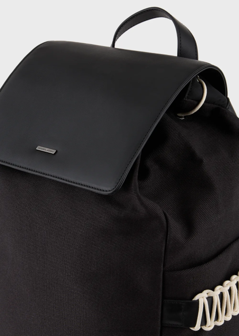 erkekler Armani deri detaylı geri dönüştürülmüş fitilli sırt çantası siyah T8HD1946