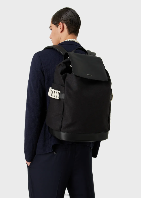 erkekler Armani deri detaylı geri dönüştürülmüş fitilli sırt çantası siyah T8HD1946