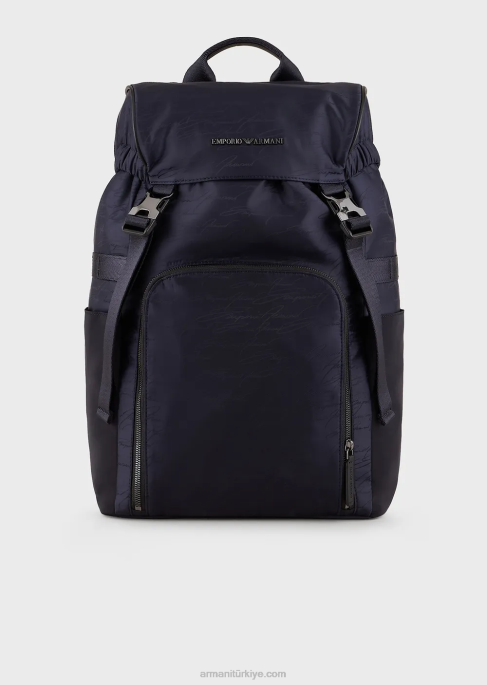 erkekler Armani imza logolu jakarlı naylon sırt çantası lacivert T8HD1960