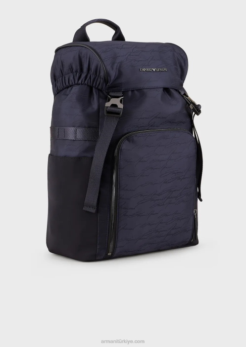 erkekler Armani imza logolu jakarlı naylon sırt çantası lacivert T8HD1960