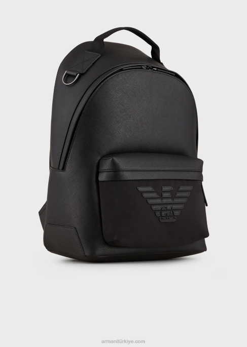 erkekler Armani saffiano desenli, rejenere deri yuvarlak sırt çantası siyah T8HD1949