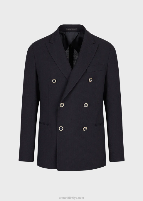 erkekler Armani 3d efektli streç yün krep kruvaze ceket lacivert T8HD1024
