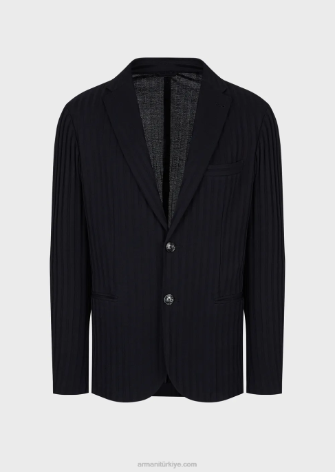 erkekler Armani boydan boya jakar motifli tek sıra düğmeli jarse ceket lacivert T8HD1045
