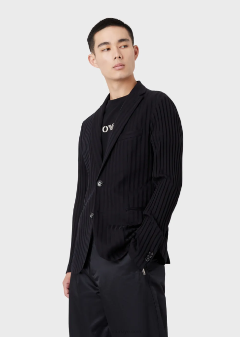 erkekler Armani boydan boya jakar motifli tek sıra düğmeli jarse ceket lacivert T8HD1045