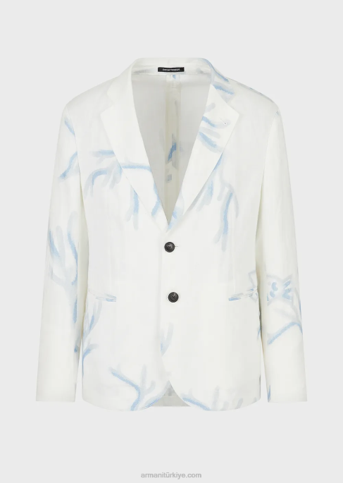 erkekler Armani boydan boya mercan desenli ketenden tek sıra düğmeli ceket beyaz T8HD1030