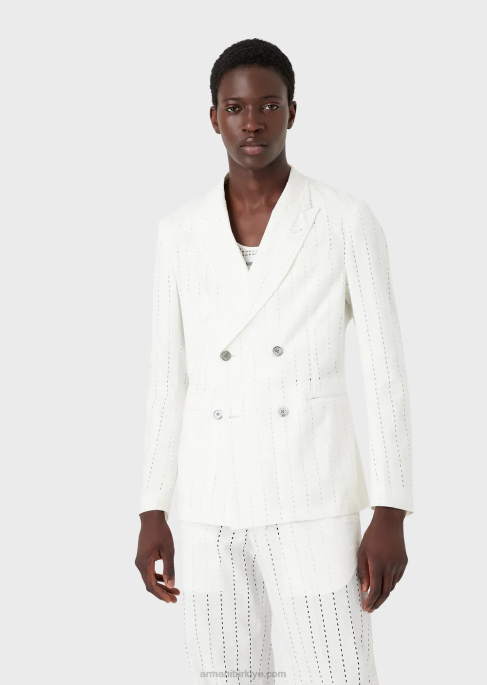 erkekler Armani çizgili efektli delikli keten klapalı kruvaze ceket beyaz T8HD1028