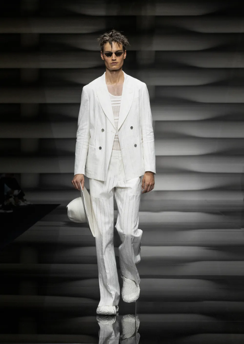 erkekler Armani çizgili efektli delikli keten klapalı kruvaze ceket beyaz T8HD1028