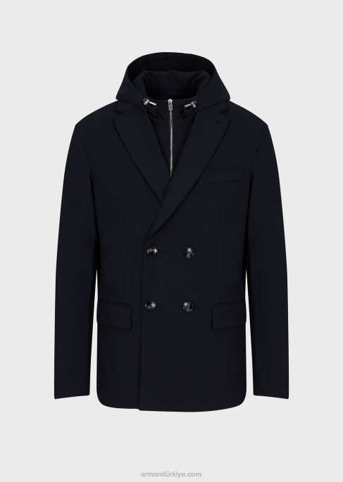 erkekler Armani çıkarılabilir iç panelli iki yönlü streç teknik naylon kruvaze ceket lacivert T8HD1023