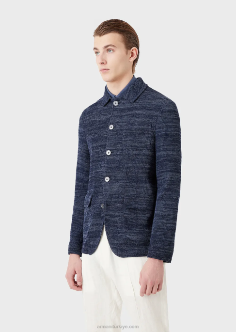 erkekler Armani ön cepli triko ceket mavi T8HD1034