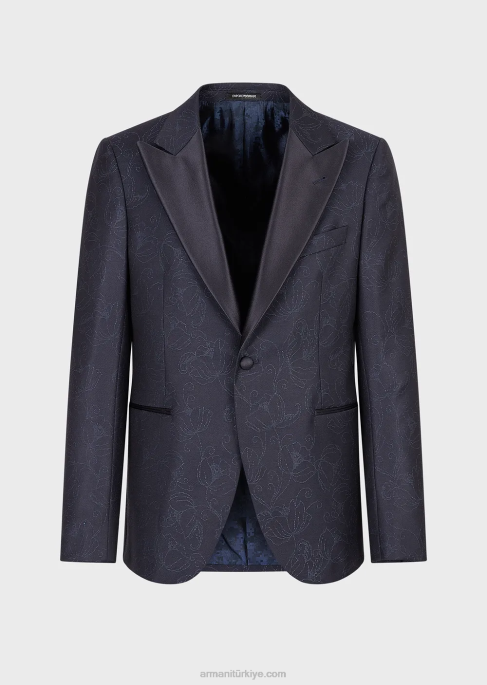 erkekler Armani saten yakalı, çiçekli jakarlı yün karışımlı dar kesim smokin ceketi lacivert T8HD1018