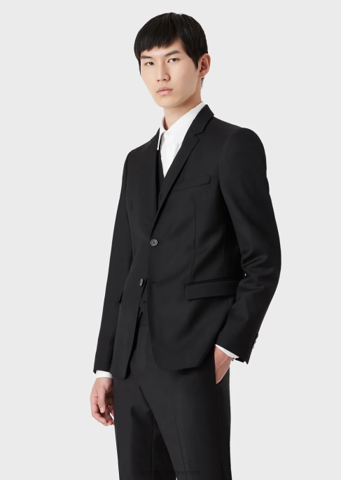 erkekler Armani tek göğüslü, kamgarn bakir yün ceket siyah T8HD1052