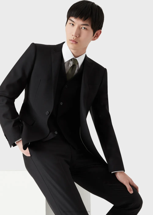 erkekler Armani tek sıra düğmeli, bakir yün ceket siyah T8HD1049