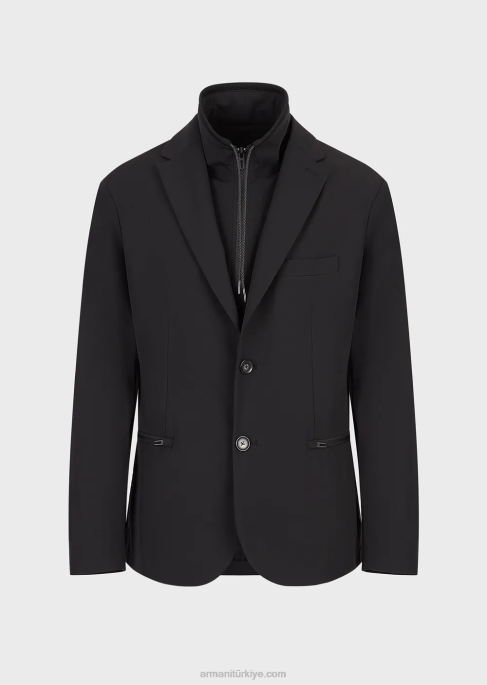 erkekler Armani travel essentials su tutmaz, iki yönlü streç teknik naylon blazer, çıkarılabilir iç panelli siyah T8HD1015