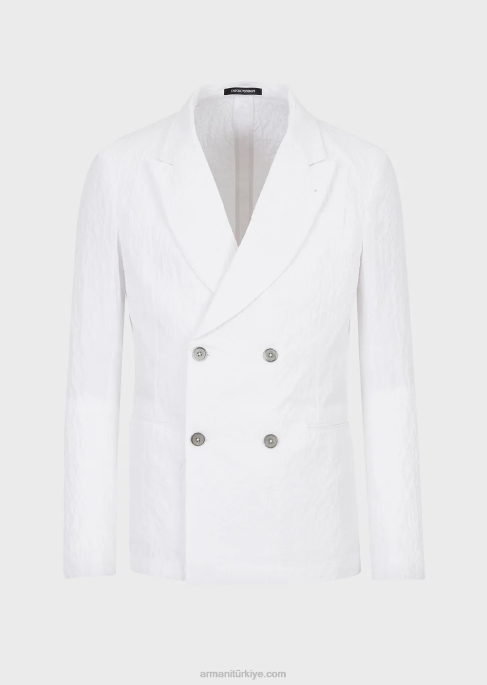 erkekler Armani yıkanmış görünümlü streç pamuklu yakalı kruvaze ceket beyaz T8HD1029