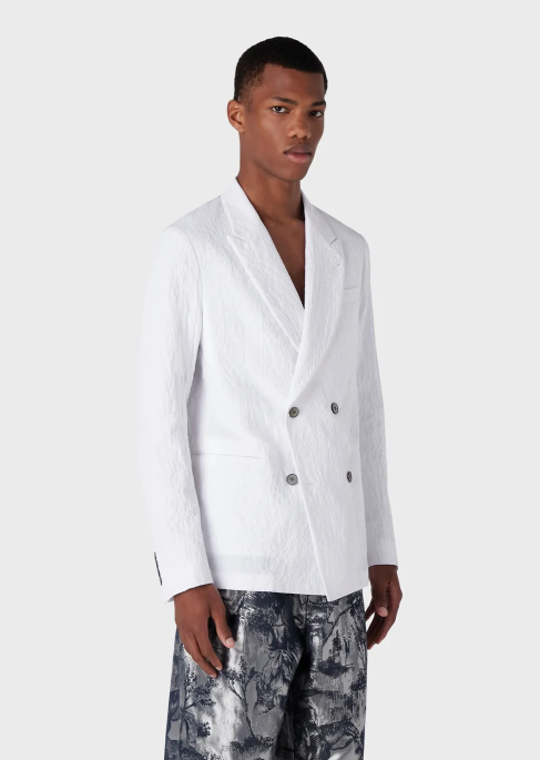 erkekler Armani yıkanmış görünümlü streç pamuklu yakalı kruvaze ceket beyaz T8HD1029