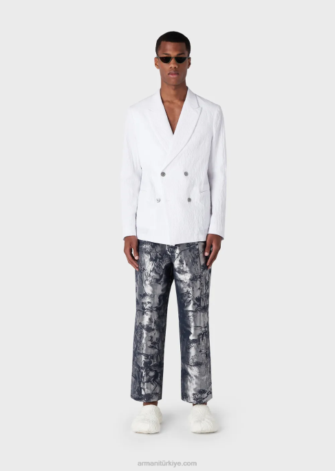 erkekler Armani yıkanmış görünümlü streç pamuklu yakalı kruvaze ceket beyaz T8HD1029