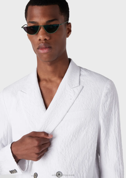 erkekler Armani yıkanmış görünümlü streç pamuklu yakalı kruvaze ceket beyaz T8HD1029