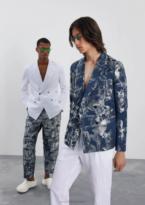 erkekler Armani yıkanmış görünümlü streç pamuklu yakalı kruvaze ceket beyaz T8HD1029