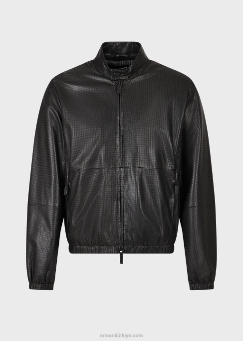 erkekler Armani Mikro delikli kuzu derisi napa deriden fermuarlı bluz siyah T8HD1287