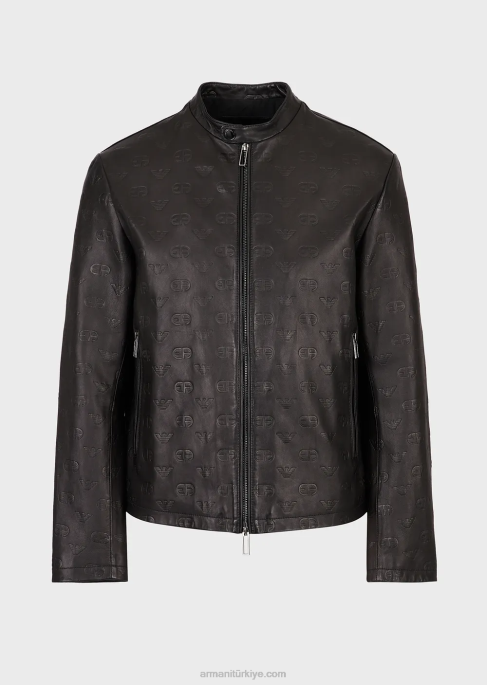 erkekler Armani boydan boya kabartma ea logosu napa kuzu derisi fermuarlı ceket siyah T8HD1288