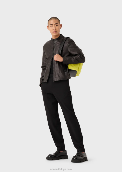 erkekler Armani boydan boya kabartma ea logosu napa kuzu derisi fermuarlı ceket siyah T8HD1288