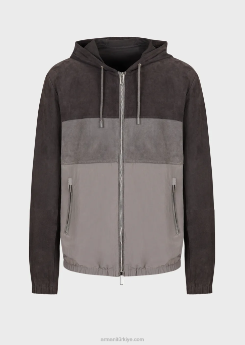 erkekler Armani dalgalı teknik naylon ve süet kapüşonlu bluz gri T8HD1295
