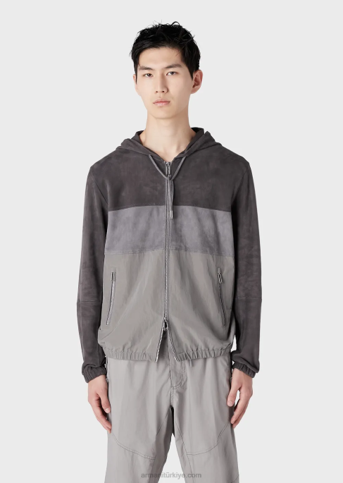 erkekler Armani dalgalı teknik naylon ve süet kapüşonlu bluz gri T8HD1295