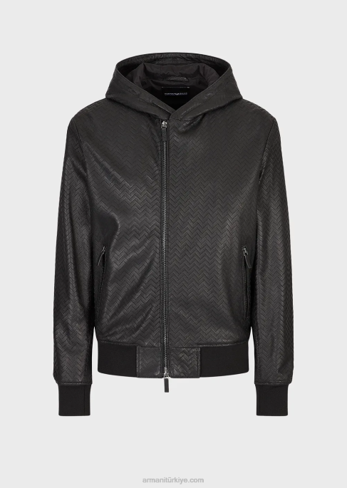 erkekler Armani şerit kesim efektli napa-kuzu derisi kapüşonlu ceketT8HD1290