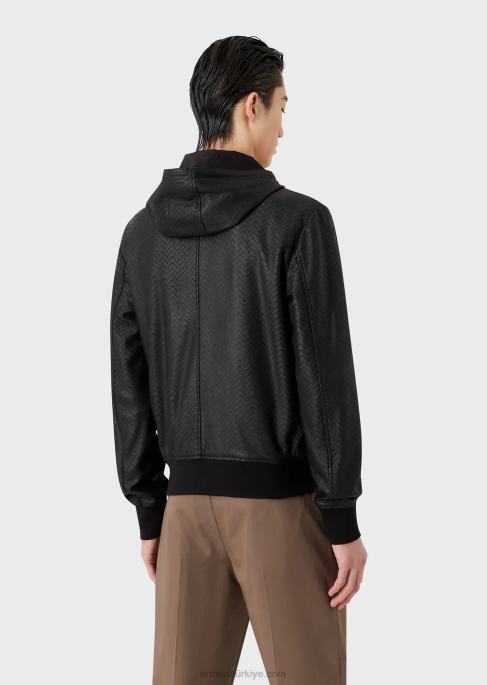 erkekler Armani şerit kesim efektli napa-kuzu derisi kapüşonlu ceketT8HD1290