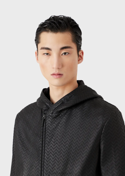 erkekler Armani şerit kesim efektli napa-kuzu derisi kapüşonlu ceketT8HD1290