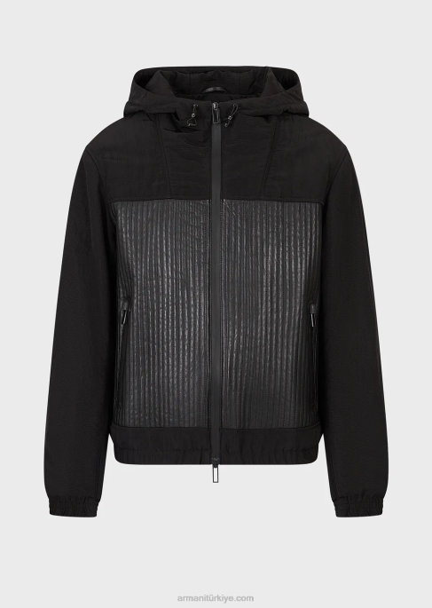 erkekler Armani su tutmayan naylon ek parçalı napa kuzu derisi mont siyah T8HD1286