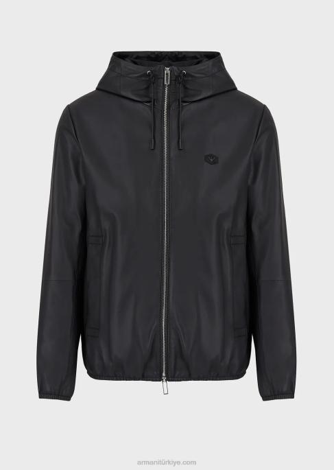 erkekler Armani tam boy fermuarlı, kapüşonlu, yarı anilin napa kuzu derisi bluz lacivert T8HD1297