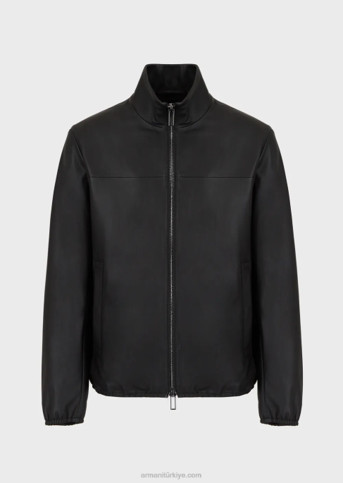 erkekler Armani tam boy fermuarlı yarı anilin napa kuzu derisi bluz siyah T8HD1298