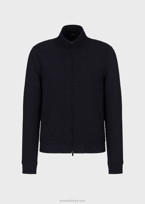erkekler Armani 3 boyutlu efektli balıksırtı streç yün bluz lacivert T8HD1321