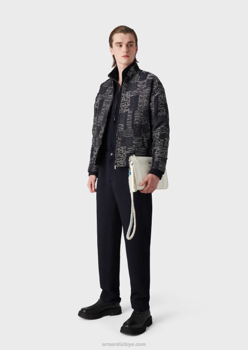 erkekler Armani 3 boyutlu efektli balıksırtı streç yün bluz lacivert T8HD1321