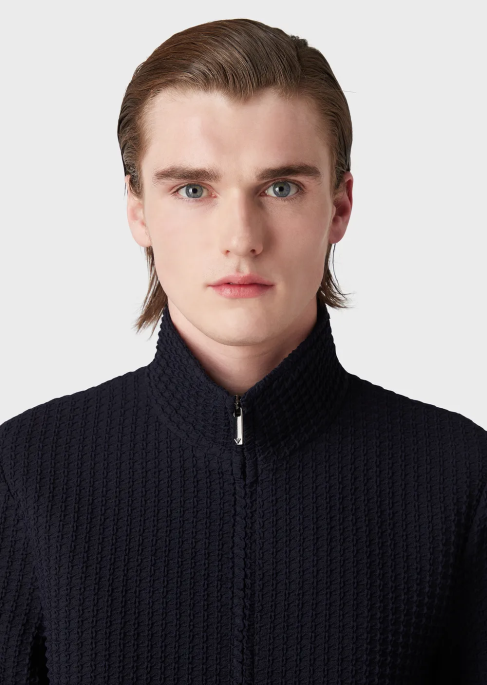 erkekler Armani 3 boyutlu efektli balıksırtı streç yün bluz lacivert T8HD1321