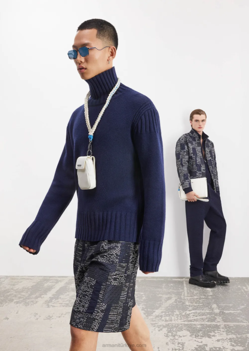 erkekler Armani 3 boyutlu efektli balıksırtı streç yün bluz lacivert T8HD1321