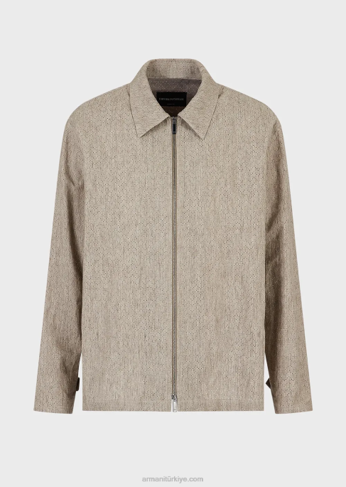 erkekler Armani Ajur şerit motifli, kaplamalı keten fermuarlı bluz bej T8HD1337