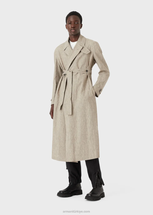 erkekler Armani Ajur zikzak motifli kaplamalı keten trençkotT8HD1354