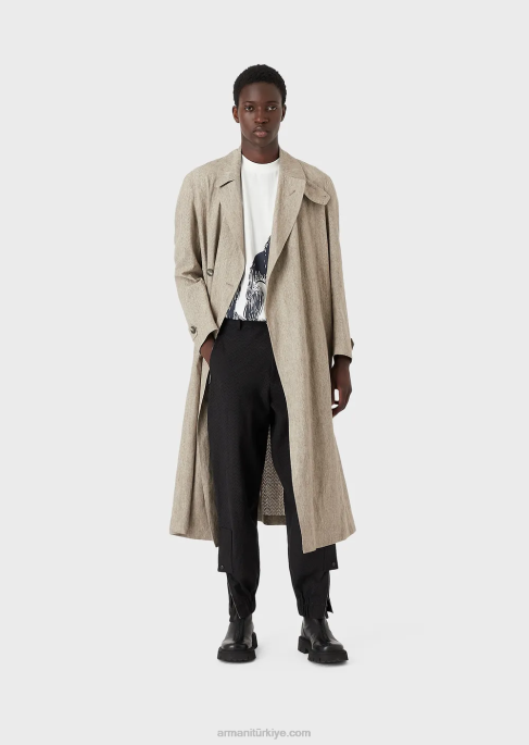 erkekler Armani Ajur zikzak motifli kaplamalı keten trençkotT8HD1354