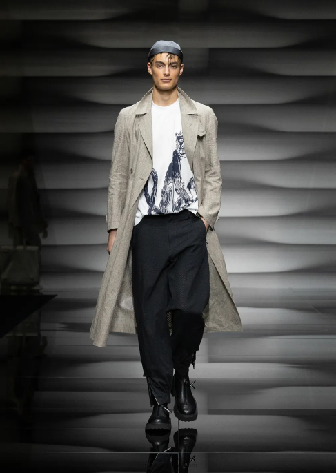 erkekler Armani Ajur zikzak motifli kaplamalı keten trençkotT8HD1354