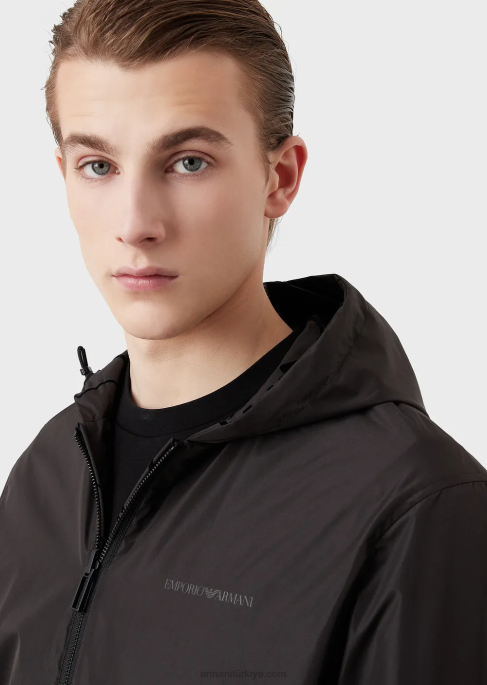 erkekler Armani Floklu naylondan ters çevrilebilir kapüşonlu mont siyah T8HD1314