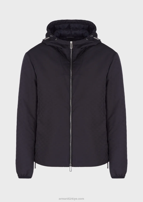 erkekler Armani Tamamı jakar monogramlı kapüşonlu, naylon ceket gece yarısı mavisi T8HD1359