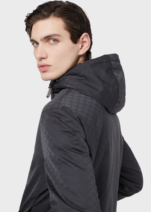 erkekler Armani Tamamı jakar monogramlı kapüşonlu, naylon ceket gece yarısı mavisi T8HD1359