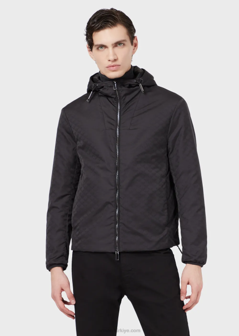 erkekler Armani Tamamı jakar monogramlı kapüşonlu, naylon ceket siyah T8HD1358