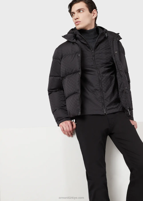 erkekler Armani Tamamı jakar monogramlı kapüşonlu, naylon ceket siyah T8HD1358