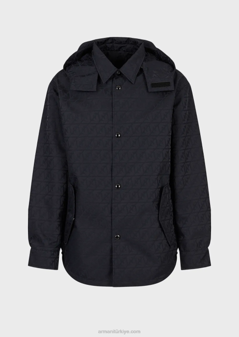 erkekler Armani Tamamı kartal logolu jakarlı naylon kapşonlu ters çevrilebilir mont lacivert T8HD1322