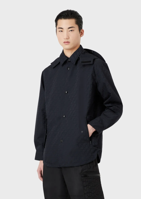 erkekler Armani Tamamı kartal logolu jakarlı naylon kapşonlu ters çevrilebilir mont lacivert T8HD1322