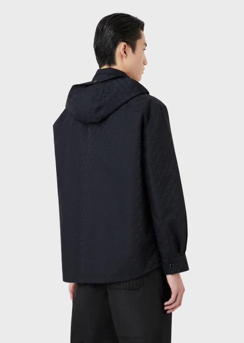 erkekler Armani Tamamı kartal logolu jakarlı naylon kapşonlu ters çevrilebilir mont lacivert T8HD1322